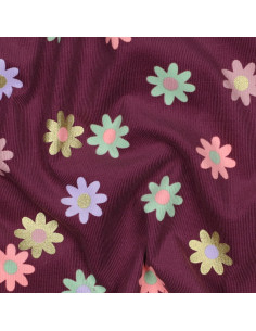 Tecido veludo cotelê fantasia - Flores fundo bordô