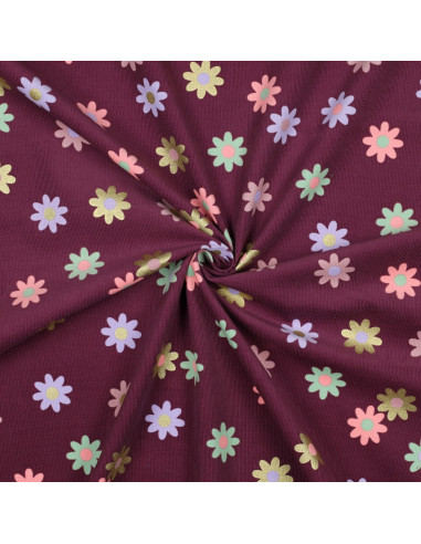Tecido veludo cotelê fantasia - Flores fundo bordô