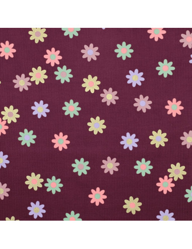 Tecido veludo cotelê fantasia - Flores fundo bordô