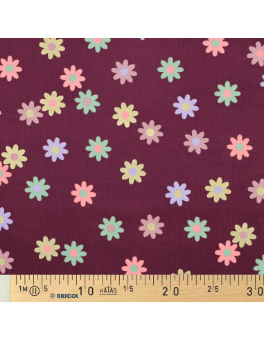 Tecido veludo cotelê fantasia - Flores fundo bordô