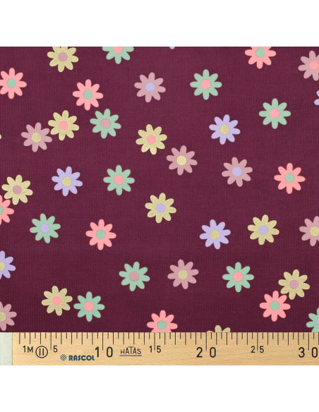 Tecido veludo cotelê fantasia - Flores fundo bordô
