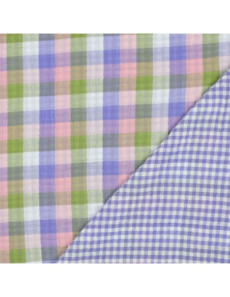Tecido de gaze dupla de algodão xadrez - Rosa e lavanda
