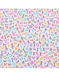 Saco com 100 contas redondas brancas - Letras multicoloridas