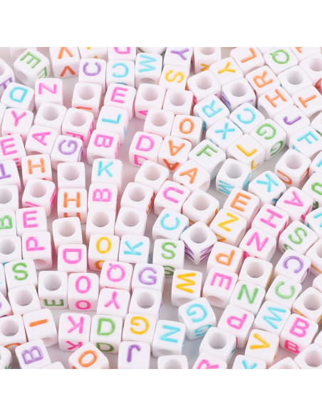 Saco de 100 contas quadradas brancas - Letras multicoloridas