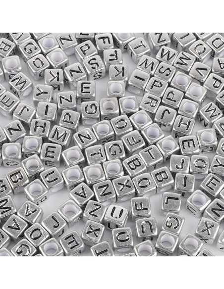 Saco de 100 contas quadradas prateadas - Letras pretas