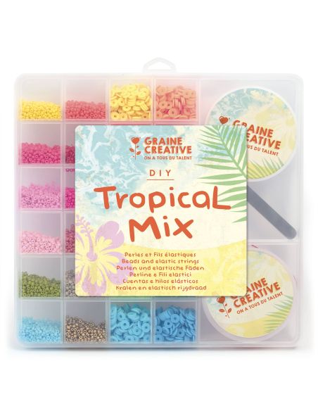 Conjunto de missangas, Heishi, fio elástico e alicate - Mistura Tropical