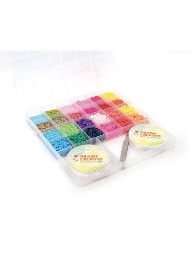 Conjunto de missangas, Heishi, fio elástico e alicate - Mistura Tropical
