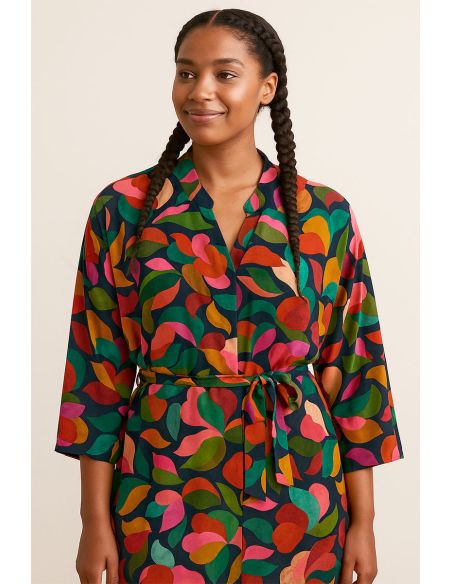 Tecido viscose fantasia - Abigael preto e multicolorido