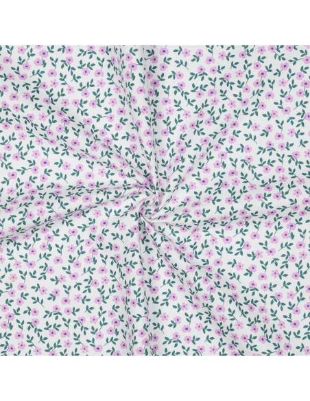 Tecido popeline de algodão - Flores rosa fundo branco