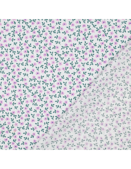 Tecido popeline de algodão - Flores rosa fundo branco