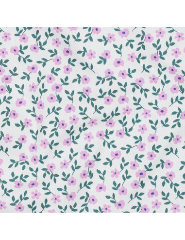 Tecido popeline de algodão - Flores rosa fundo branco