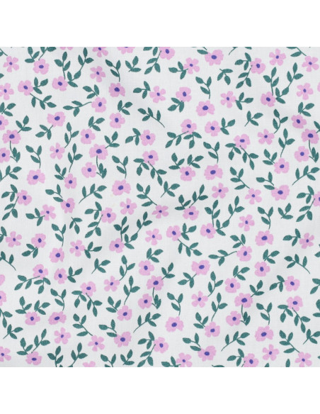 Tecido popeline de algodão - Flores rosa fundo branco