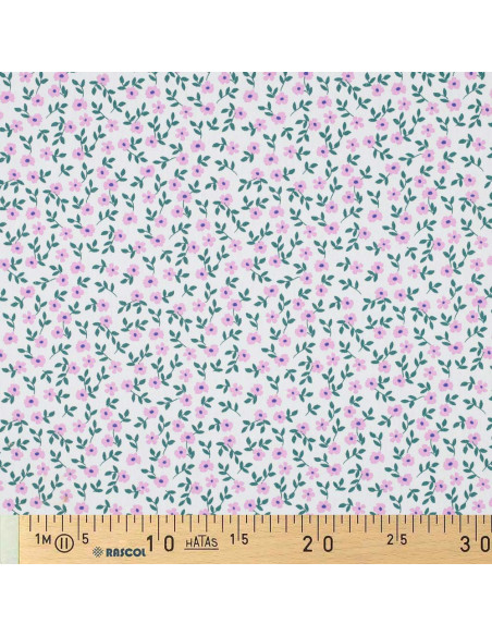 Tecido popeline de algodão - Flores rosa fundo branco