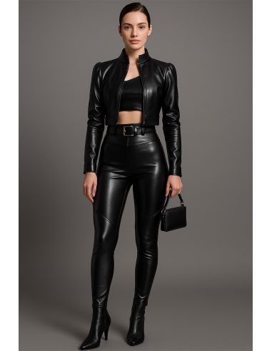 Tecido stretch brilhante imitação para vestuário - Preto