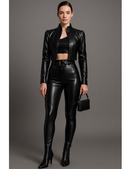 Tecido stretch brilhante imitação para vestuário - Preto