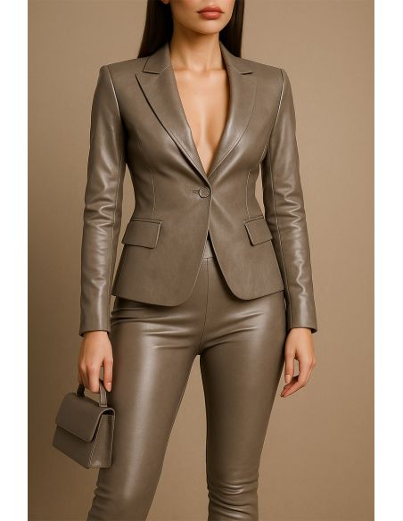 Tecido stretch brilhante imitação para vestuário - Taupe