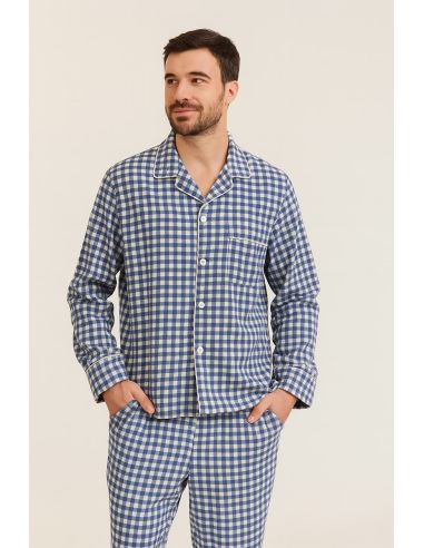 Tecido flanela xadrez grande - Azul e cru