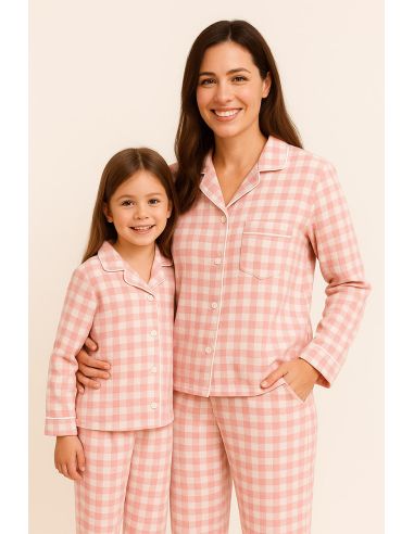 Tecido flanela xadrez grande - Rosa e cru