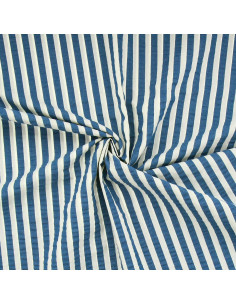 Tecido Seersucker com listras largas - Azul jeans e branco sujo