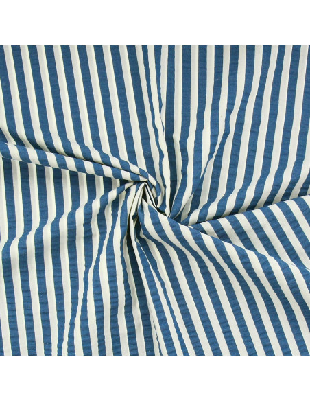 Tecido Seersucker com listras largas - Azul jeans e branco sujo