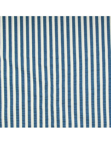 Tecido Seersucker com listras largas - Azul jeans e branco sujo
