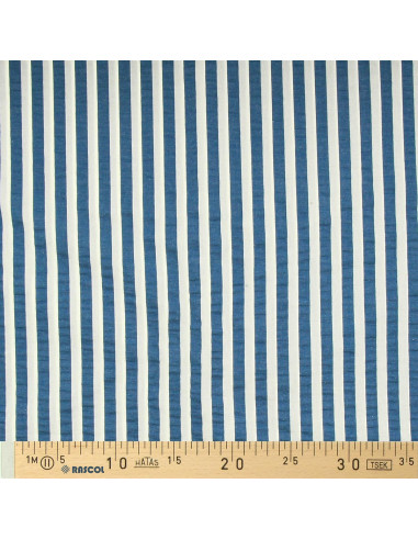 Tecido Seersucker com listras largas - Azul jeans e branco sujo