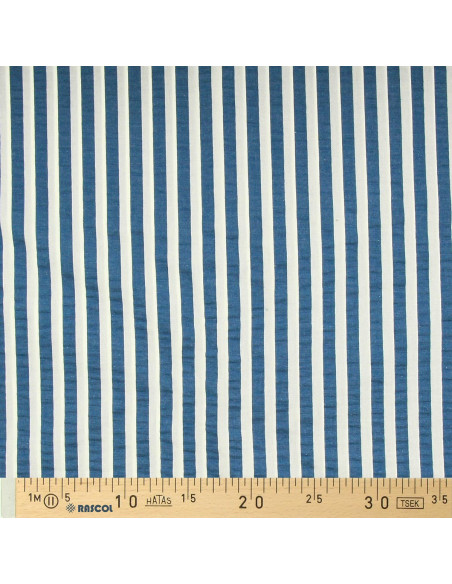 Tecido Seersucker com listras largas - Azul jeans e branco sujo