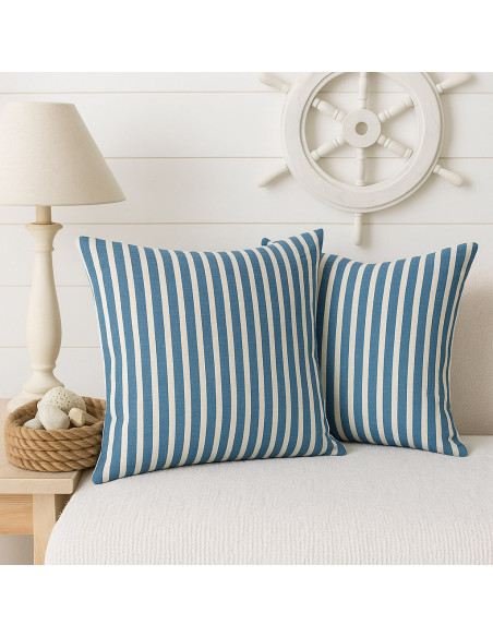 Tecido Seersucker com listras largas - Azul jeans e branco sujo