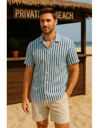 Tecido Seersucker com listras largas - Azul jeans e branco sujo