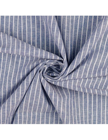 Tecido de linho e algodão - Riscas finas - Azul jeans