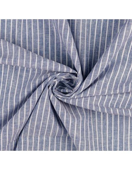 Tecido de linho e algodão - Riscas finas - Azul jeans