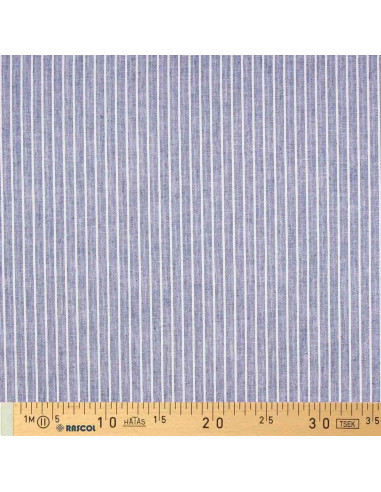 Tecido de linho e algodão - Riscas finas - Azul jeans