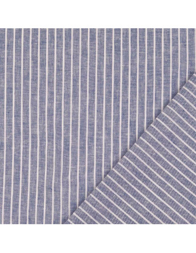 Tecido de linho e algodão - Riscas finas - Azul jeans