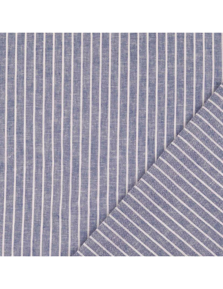 Tecido de linho e algodão - Riscas finas - Azul jeans
