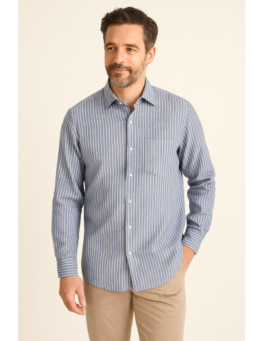 Tecido de linho e algodão - Riscas finas - Azul jeans