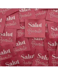Conjunto de 5 etiquetas tecidas para costurar Salut Beauté rosa indiano
