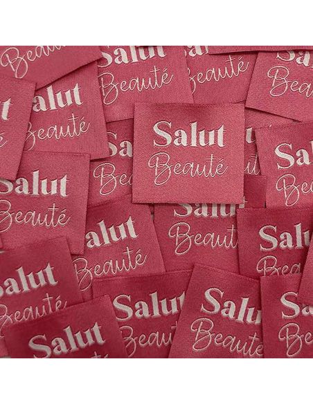 Conjunto de 5 etiquetas tecidas para costurar Salut Beauté rosa indiano