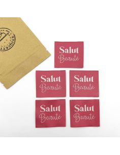 Conjunto de 5 etiquetas tecidas para costurar Salut Beauté rosa indiano 2