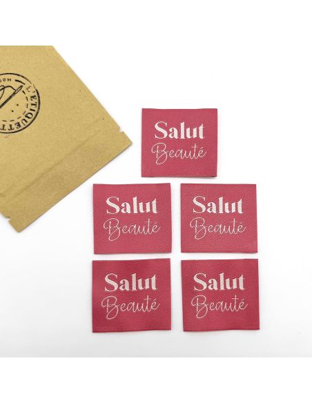 Conjunto de 5 etiquetas tecidas para costurar Salut Beauté rosa indiano