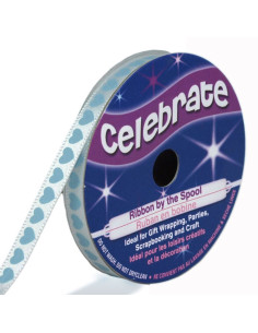 Fita de cetim Celebrate branca com corações azul claro - 6 mm x 4 metros