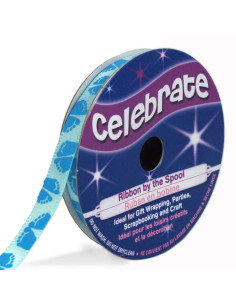 Fita de cetim Celebrate azul celeste com impressão de pés azuis - 6 mm x 4 metros