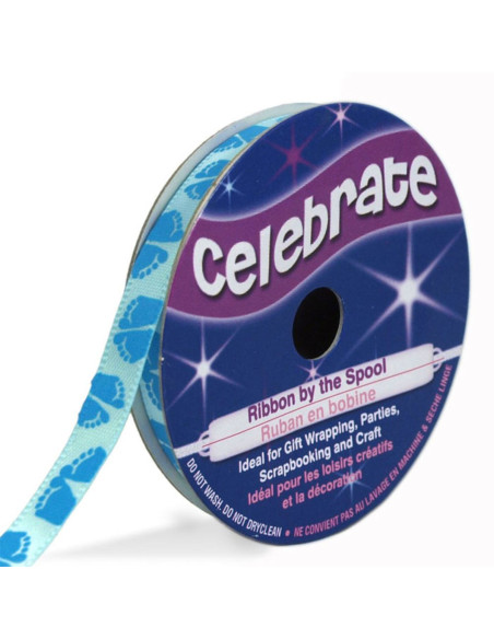Fita de cetim Celebrate azul celeste com impressão de pés azuis - 6 mm x 4 metros