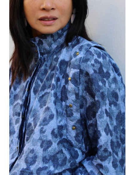 Tecido viscose flamê Denim Leopardo - My Dress Made
