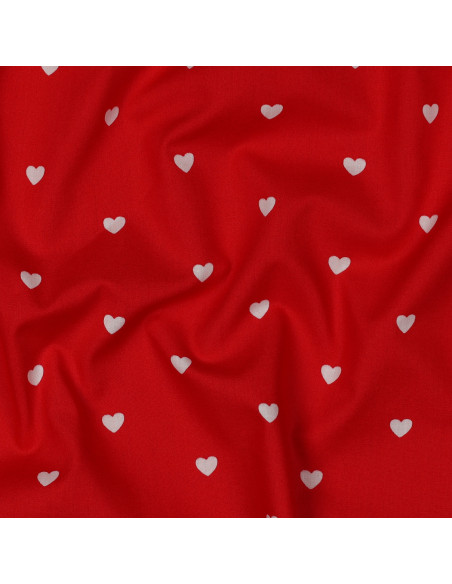 Tecido popeline de algodão fantasia - Coração branco sobre fundo vermelho