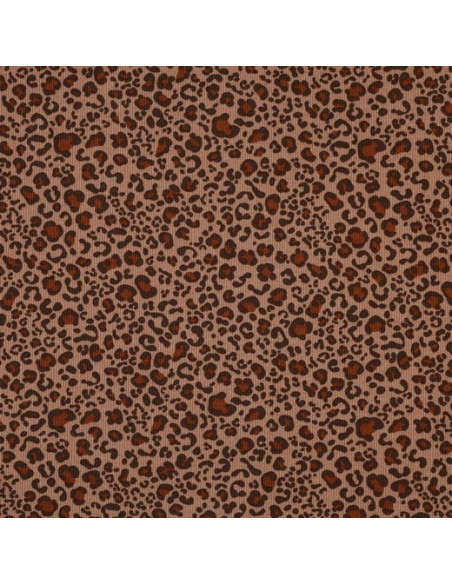 Tecido jersey de algodão malha canelada - Leopardo bege