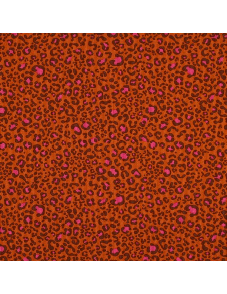 Tecido jersey de algodão malha canelada - Leopardo laranja