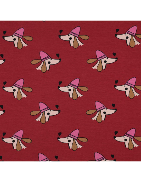 Tecido moletom felpudo cão e corações - Vermelho