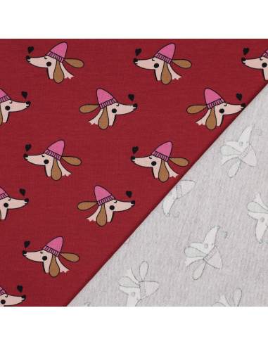 Tecido moletom felpudo cão e corações - Vermelho