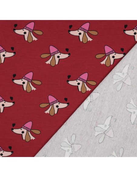 Tecido moletom felpudo cão e corações - Vermelho