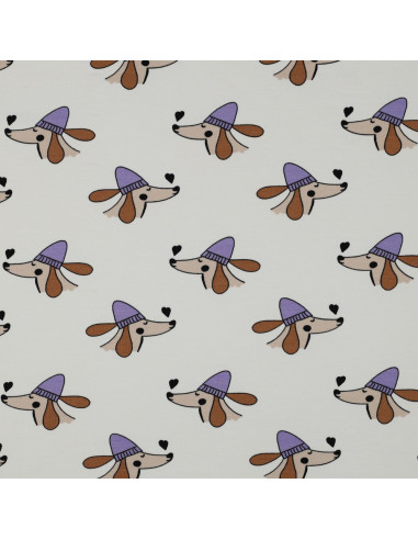 Tecido moletom de cachorro e corações - Branco sujo